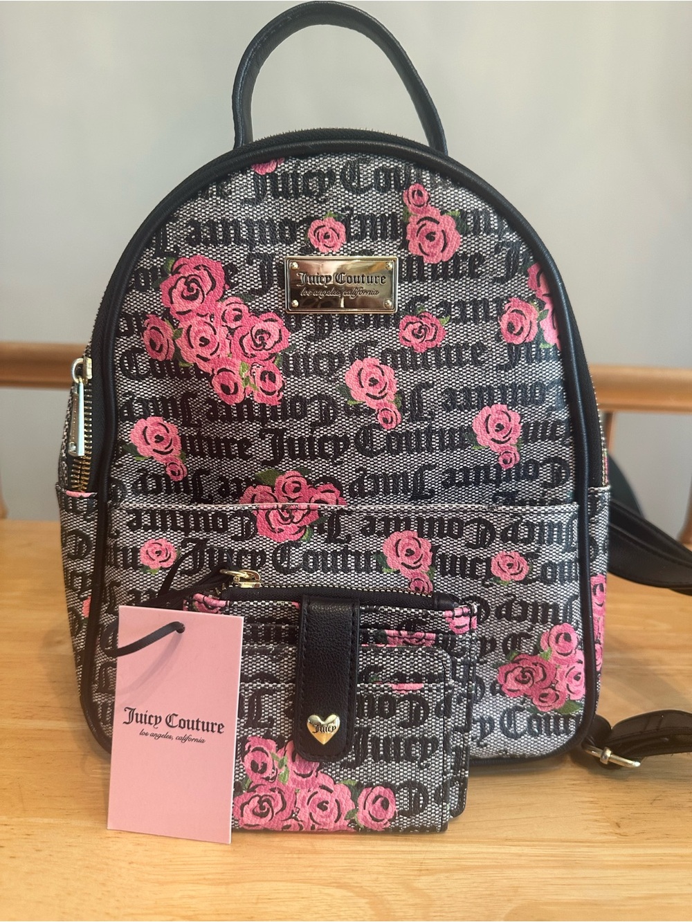 Juicy Couture Black Logo Backpack with Pink Rose Embroidery and Matching Wallet